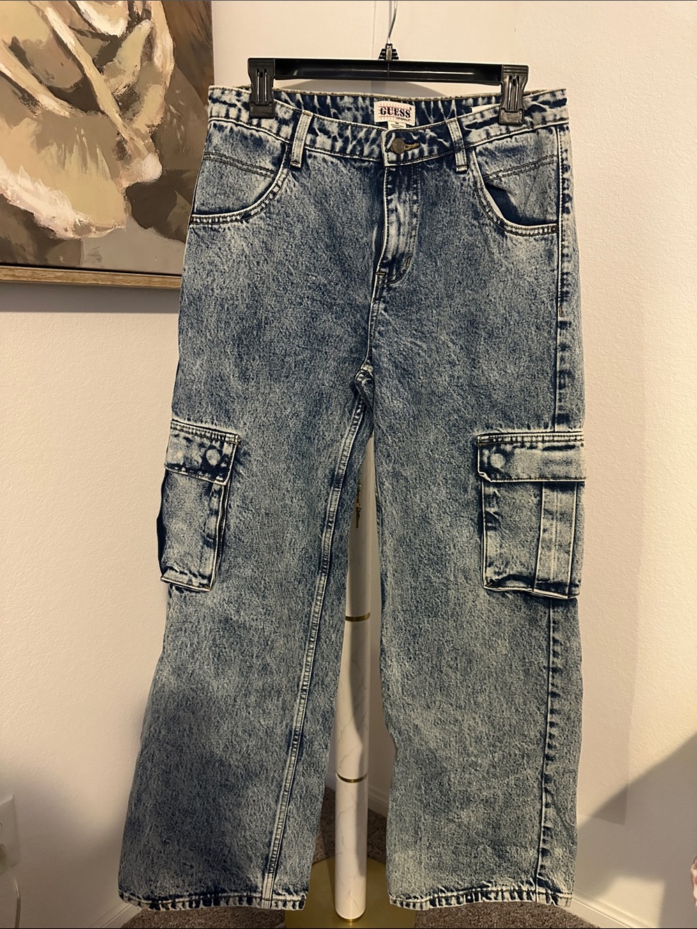 GUESS Women Light Blue Acid-Wash Cargo Jeans